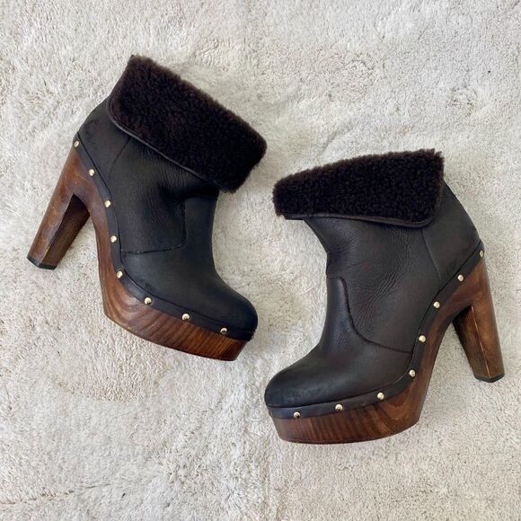 Elie Tahari Y2K Brown Leather Studded Platform Faux Fur Clogs Platform Boots 8.5 - Picture 7 of 8